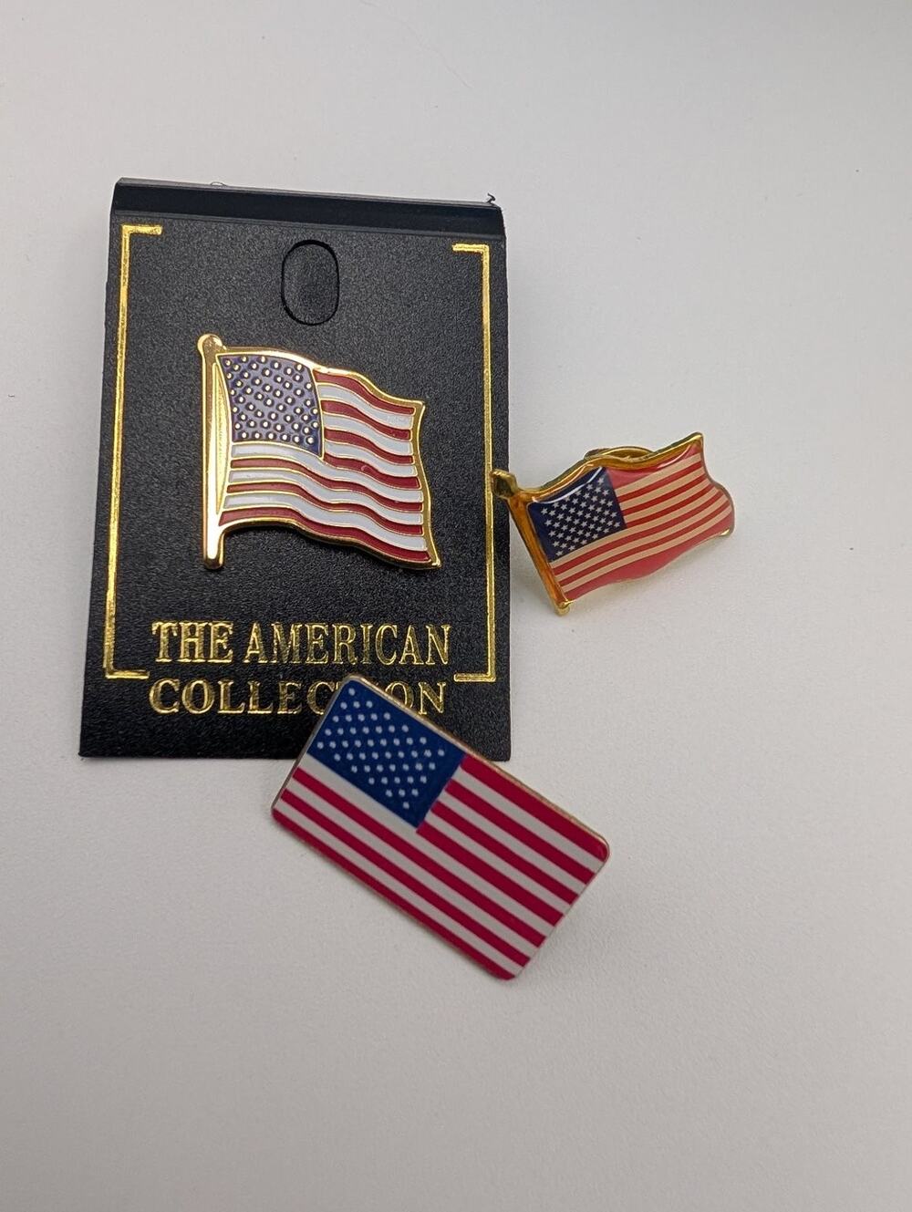 Lot of 3 American Flag Lapel Pins Enamel Gold Tone Patriotic Collectible Set